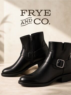 Frye Womens 9M Black Leather Ankle Boots Buckle Zip Casual Biker NWT